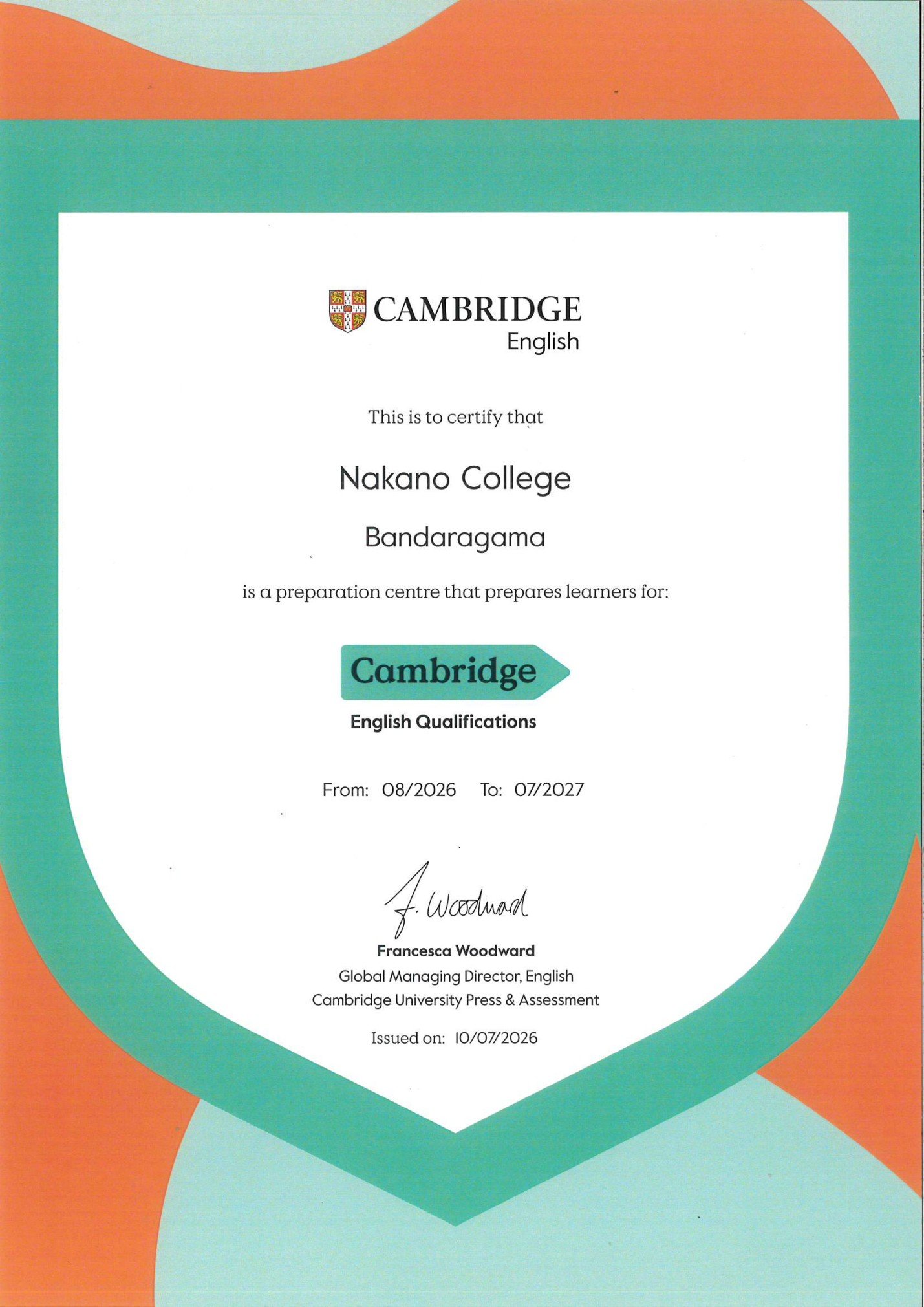 CAM English Certificate &mdash; Nakano College Bandaragama