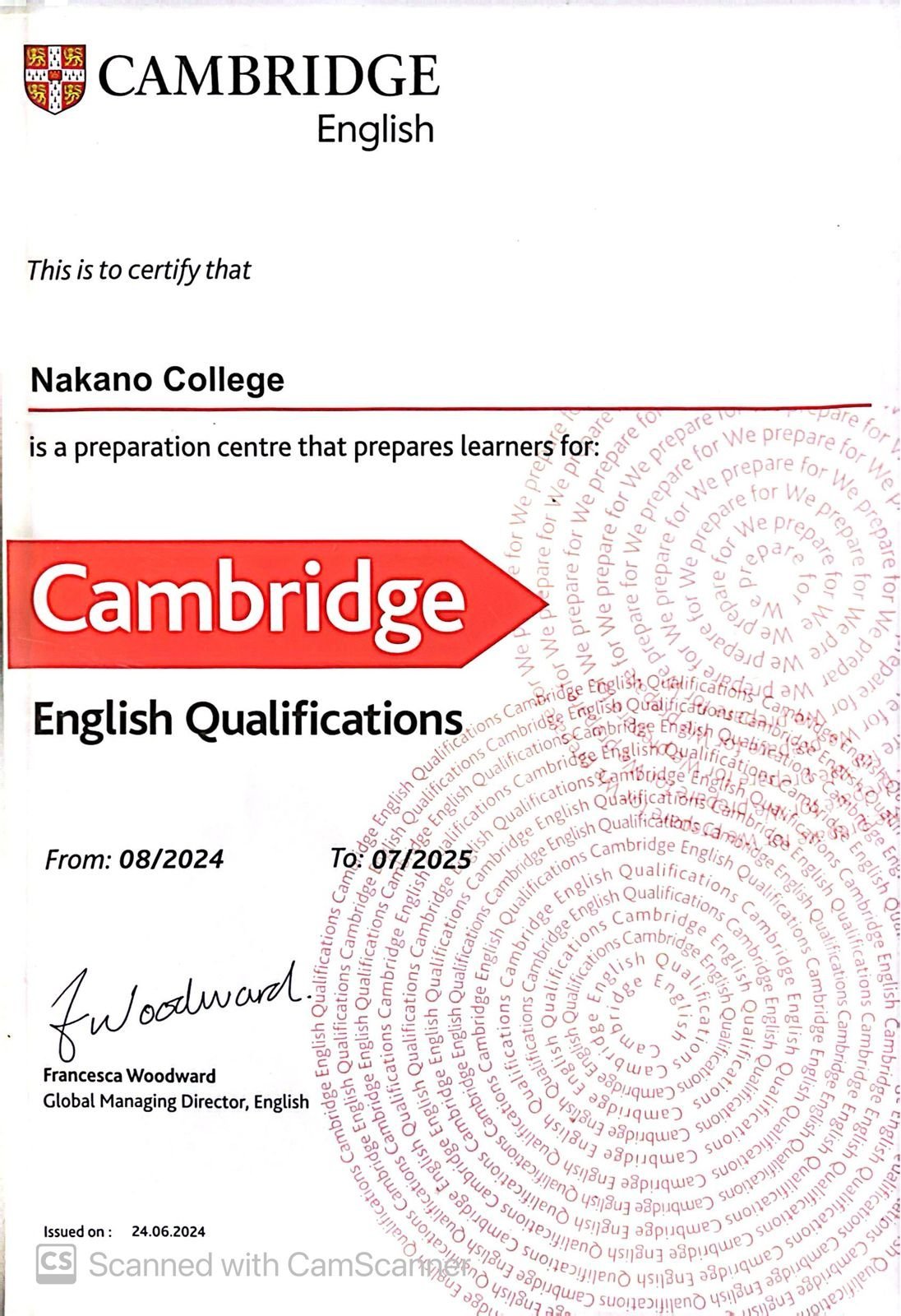 Cambridge English Qualifications Certificate &mdash; Nakano College Bandaragama