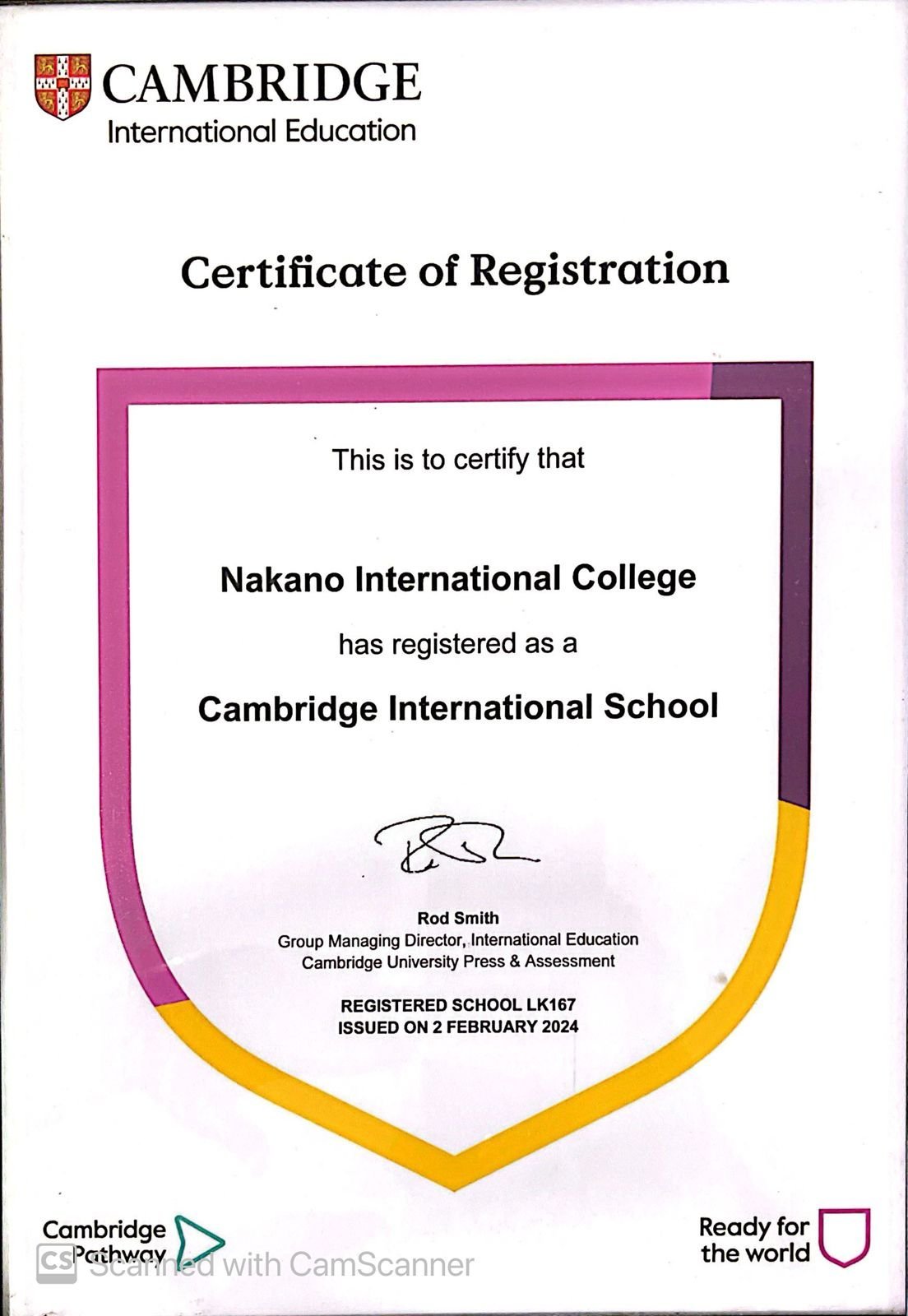 Cambridge International School Certificate of Registration LK167 &mdash; Nakano International College